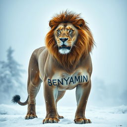 A fierce lion standing majestically in a cold, misty atmosphere, showcasing the name "BENYAMIN" tattooed prominently on its muscular body