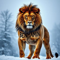 A fierce lion standing majestically in a cold, misty atmosphere, showcasing the name "BENYAMIN" tattooed prominently on its muscular body