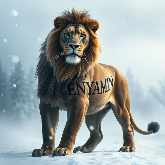 A fierce lion standing majestically in a cold, misty atmosphere, showcasing the name "BENYAMIN" tattooed prominently on its muscular body