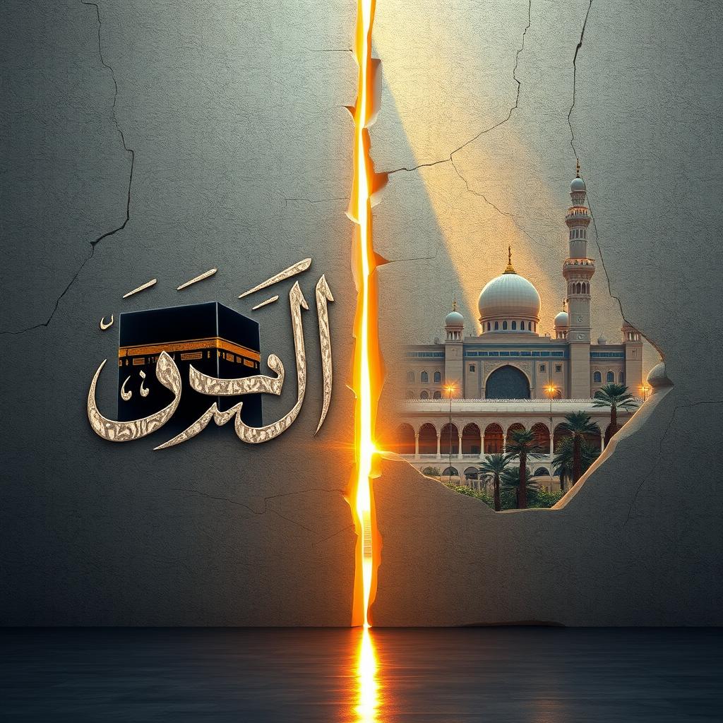 An artistic interpretation of the Islamic calligraphy 'Kalima Tayyiba' elegantly written between the cracks in a large stone surface