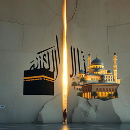 An artistic interpretation of the Islamic calligraphy 'Kalima Tayyiba' elegantly written between the cracks in a large stone surface