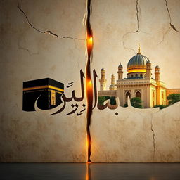 An artistic interpretation of the Islamic calligraphy 'Kalima Tayyiba' elegantly written between the cracks in a large stone surface