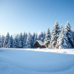 A serene winter landscape with thick snow covering the ground and trees, a clear blue sky in the background