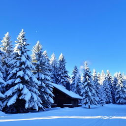 A serene winter landscape with thick snow covering the ground and trees, a clear blue sky in the background