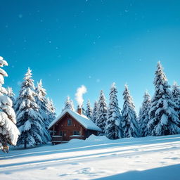 A serene winter landscape with thick snow covering the ground and trees, a clear blue sky in the background