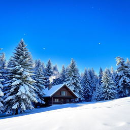 A serene winter landscape with thick snow covering the ground and trees, a clear blue sky in the background