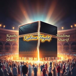 A beautifully crafted artistic depiction of the Kaaba Sharif, with the words 'Kalima Tayyiba' elegantly written between the cracks in the middle