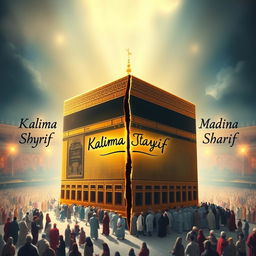 A beautifully crafted artistic depiction of the Kaaba Sharif, with the words 'Kalima Tayyiba' elegantly written between the cracks in the middle