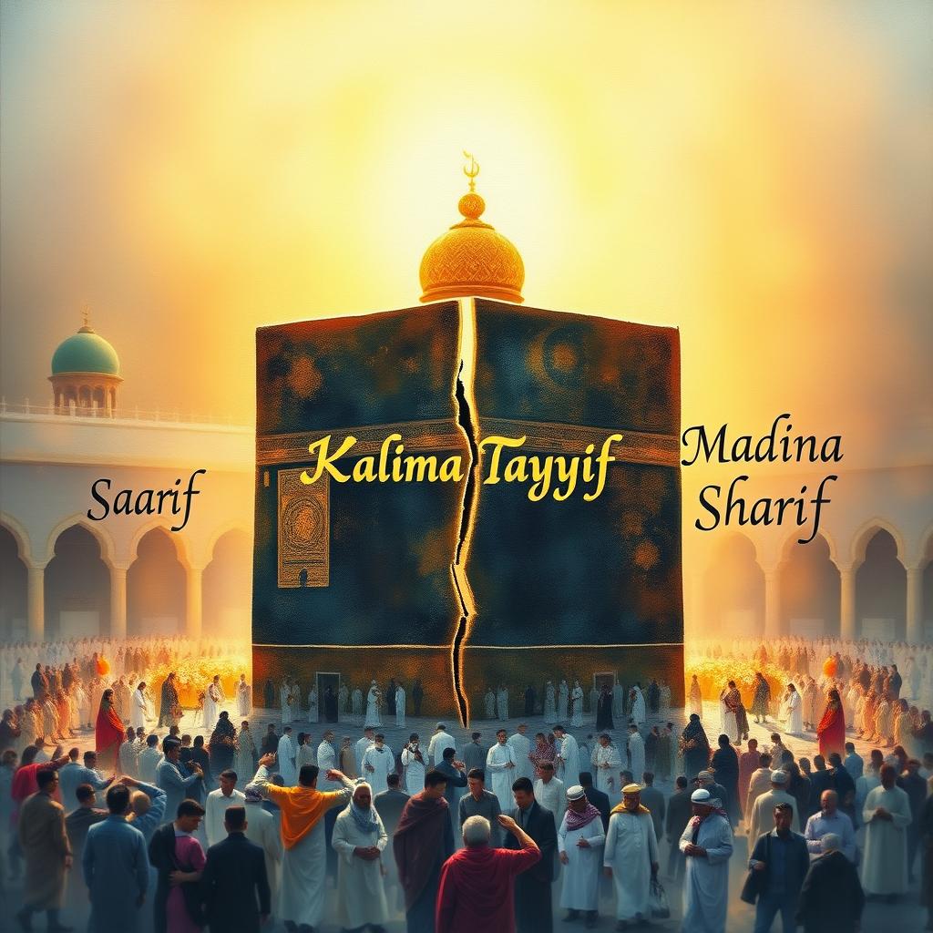 A beautifully crafted artistic depiction of the Kaaba Sharif, with the words 'Kalima Tayyiba' elegantly written between the cracks in the middle
