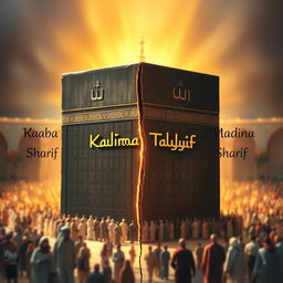 A beautifully crafted artistic depiction of the Kaaba Sharif, with the words 'Kalima Tayyiba' elegantly written between the cracks in the middle