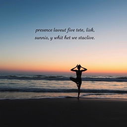 An elegant and inspirational image of a serene beach sunrise, featuring soft pastel colors blending in the sky, gentle waves lapping onto the shore, and a single silhouette of a person practicing yoga in the foreground