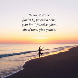 An elegant and inspirational image of a serene beach sunrise, featuring soft pastel colors blending in the sky, gentle waves lapping onto the shore, and a single silhouette of a person practicing yoga in the foreground