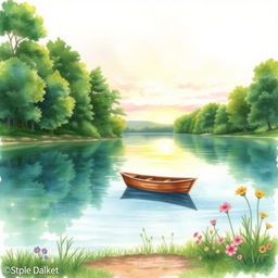 A beautiful watercolor painting depicting a serene lakeside scene for a book cover