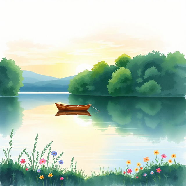 A beautiful watercolor painting depicting a serene lakeside scene for a book cover