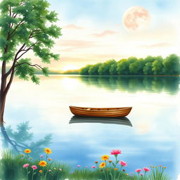 A beautiful watercolor painting depicting a serene lakeside scene for a book cover