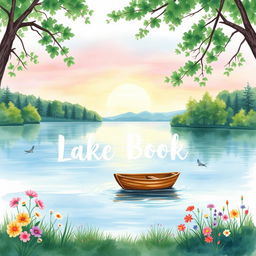 A beautiful watercolor painting depicting a serene lakeside scene for a book cover