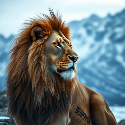 A majestic lion with a striking appearance, set against a cold mountainous landscape