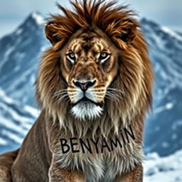 A majestic lion with a striking appearance, set against a cold mountainous landscape