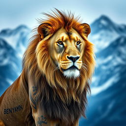 A majestic lion with a striking appearance, set against a cold mountainous landscape