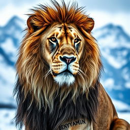 A majestic lion with a striking appearance, set against a cold mountainous landscape