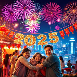 A vibrant and colorful New Year celebration scene, featuring a beautiful festive atmosphere with colorful fireworks lighting up the night sky