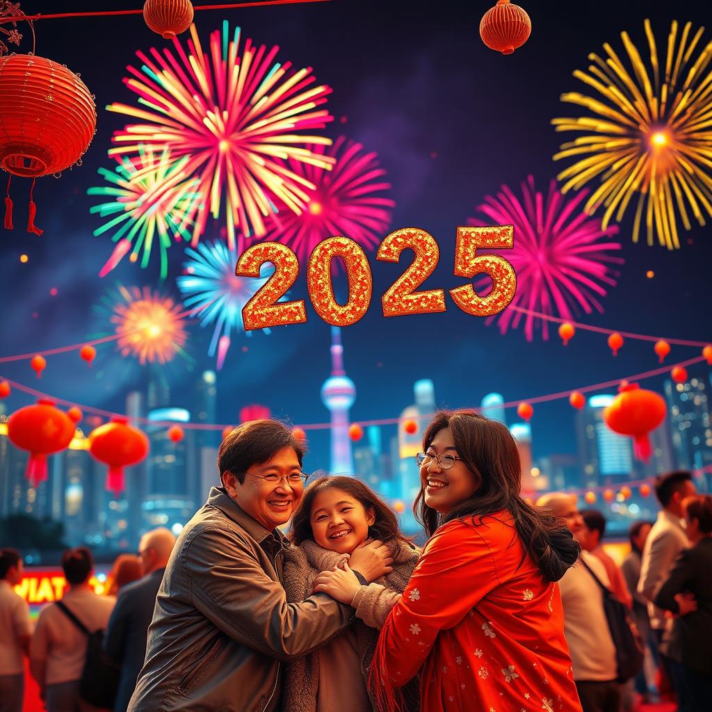 A vibrant and colorful New Year celebration scene, featuring a beautiful festive atmosphere with colorful fireworks lighting up the night sky