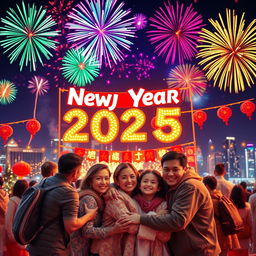 A vibrant and colorful New Year celebration scene, featuring a beautiful festive atmosphere with colorful fireworks lighting up the night sky