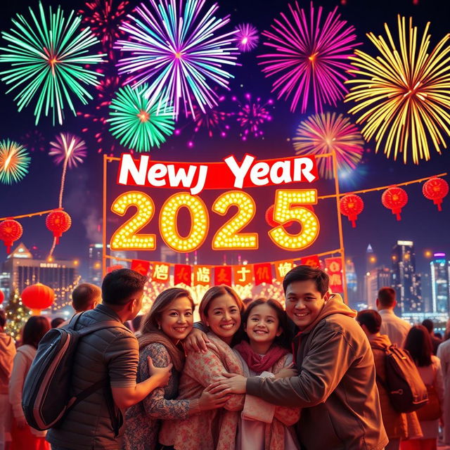 A vibrant and colorful New Year celebration scene, featuring a beautiful festive atmosphere with colorful fireworks lighting up the night sky