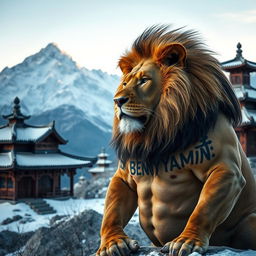 A powerful lion with a striking appearance, set in a cold mountainous landscape
