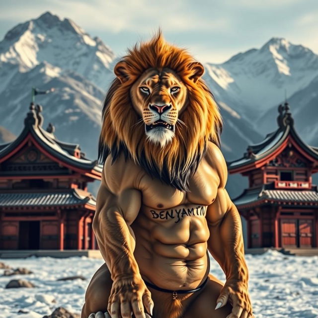 A powerful lion with a striking appearance, set in a cold mountainous landscape