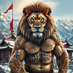 A powerful lion with a striking appearance, set in a cold mountainous landscape