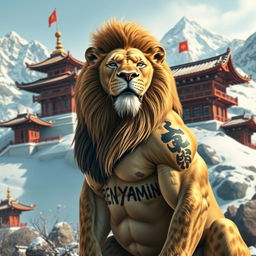 A powerful lion with a striking appearance, set in a cold mountainous landscape