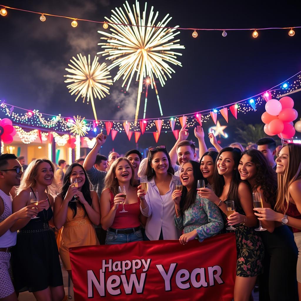 A vibrant and festive New Year celebration scene featuring a group of diverse friends joyfully gathering outdoors at a picturesque venue