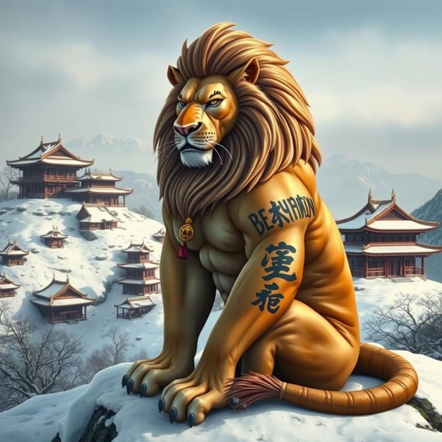 A fierce lion with a tattoo of 'BENYAMIN' on its body, sitting majestically on a snowy mountain