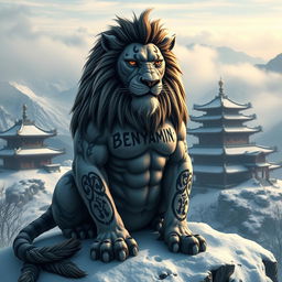 A fierce lion with a tattoo of 'BENYAMIN' on its body, sitting majestically on a snowy mountain