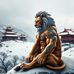 A fierce lion with a tattoo of 'BENYAMIN' on its body, sitting majestically on a snowy mountain