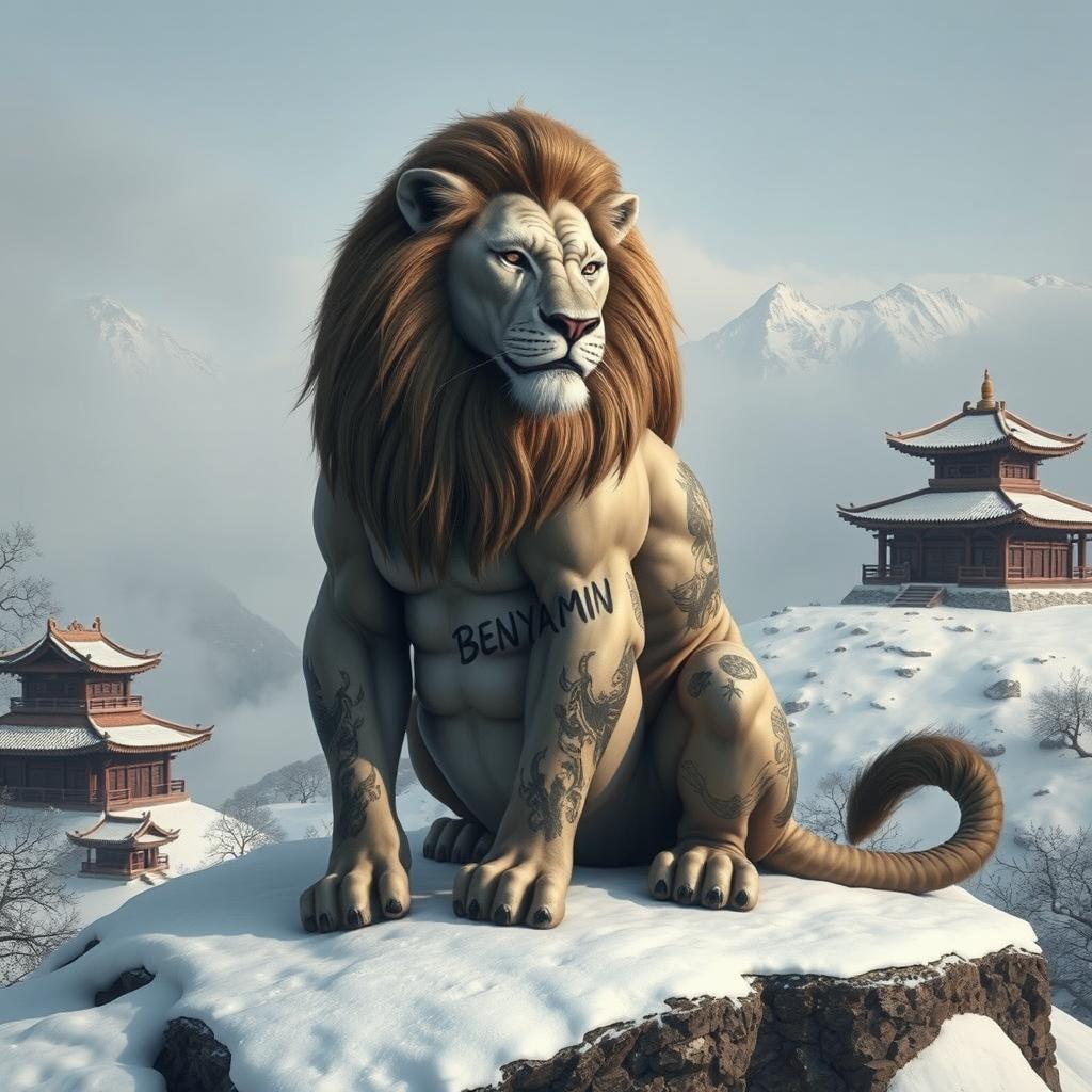 A fierce lion with a tattoo of 'BENYAMIN' on its body, sitting majestically on a snowy mountain