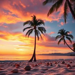 A beautiful scenic background featuring a vibrant sunset over a serene beach, with palm trees gently swaying in the breeze