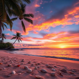 A beautiful scenic background featuring a vibrant sunset over a serene beach, with palm trees gently swaying in the breeze