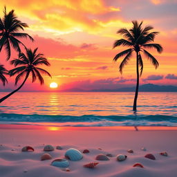 A beautiful scenic background featuring a vibrant sunset over a serene beach, with palm trees gently swaying in the breeze