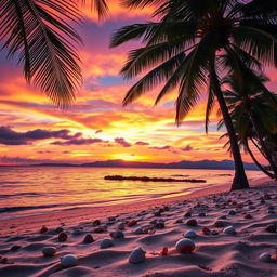 A beautiful scenic background featuring a vibrant sunset over a serene beach, with palm trees gently swaying in the breeze