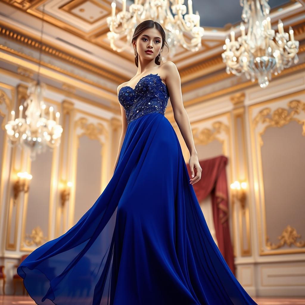 A stunning evening dress in a vibrant shade of sapphire blue, elegantly draped to enhance the silhouette