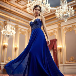 A stunning evening dress in a vibrant shade of sapphire blue, elegantly draped to enhance the silhouette