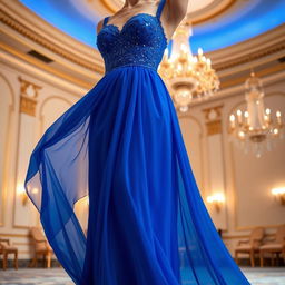 A stunning evening dress in a vibrant shade of sapphire blue, elegantly draped to enhance the silhouette