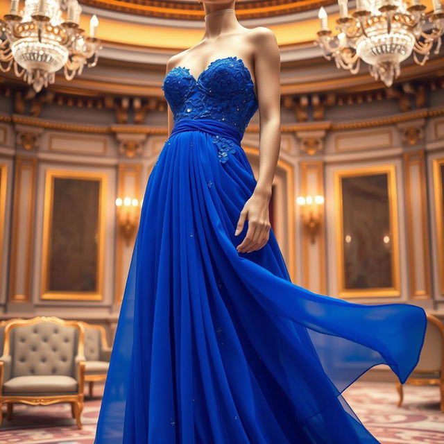 A stunning evening dress in a vibrant shade of sapphire blue, elegantly draped to enhance the silhouette