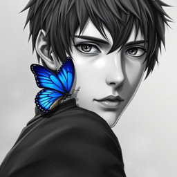 A grayscale portrait of Eren Yaeger, featuring a striking blue butterfly delicately perched on his shoulder