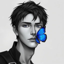 A grayscale portrait of Eren Yaeger, featuring a striking blue butterfly delicately perched on his shoulder
