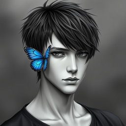 A grayscale portrait of Eren Yaeger, featuring a striking blue butterfly delicately perched on his shoulder