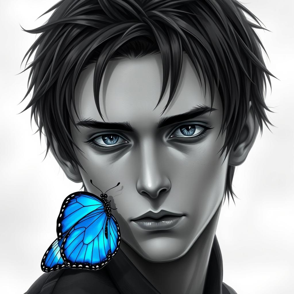 A grayscale portrait of Eren Yaeger, featuring a striking blue butterfly delicately perched on his shoulder