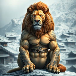 A strong, muscular lion with an impressive six-pack and intricate tattoo of the name 'BENYAMIN' on its body, sitting majestically in a cold mountainous environment